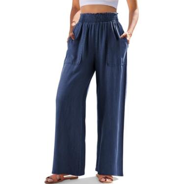 Imagem de Dokotoo Calça jeans feminina com babados e cintura alta com bolso inclinado reto tencel jeans primavera verão calça leve, Vela azul, GG