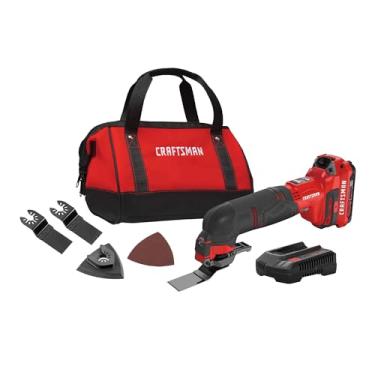 Imagem de CRAFTSMAN Multiferramenta sem fio V20, kit de ferramentas oscilantes, kit de 16 peças com lâminas, papel areia, bateria e carregador incluídos (CMCE500D1)