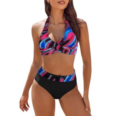 Imagem de LEKODE Conjunto de biquíni feminino de duas peças com cintura alta, short para natação, conjunto de biquíni com faixa de cores contrastantes, Rosa choque, GG