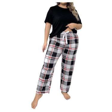 Imagem de Floerns Pijama feminino plus size, estampa gráfica, camiseta de manga curta com calça, conjunto de pijama, Xadrez preto e vermelho, X-Large Plus