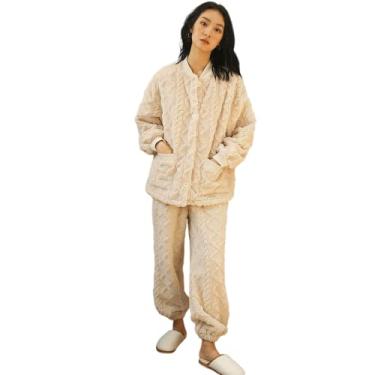 Imagem de LUBOSE Pijamas femininos confortáveis, conjunto de pijamas femininos, pijamas femininos de veludo coral, pijamas térmicos femininos, dois conjuntos de pijamas femininos, Bege 2, G