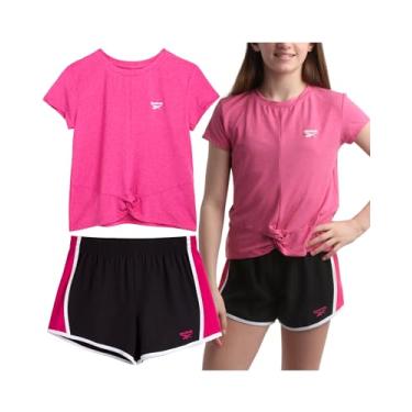 Imagem de Reebok Conjunto de shorts para meninas – Camiseta de manga curta com shorts de ginástica de tecido macio – Conjunto casual Athleisure para meninas (7-12), Rosa laser neon, 10