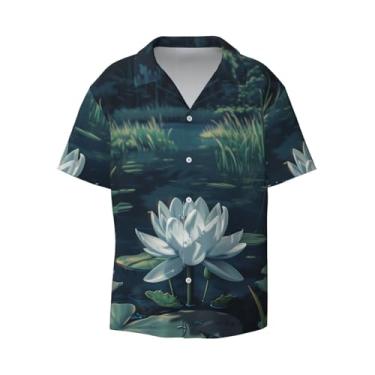 Imagem de IYOVI Camiseta masculina havaiana com estampa floral de primavera bem-vinda, manga curta, Cuba, abotoada, verão, praia, camisa,, Flores de flor de lótus brancas, GG