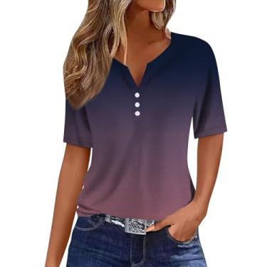 Imagem de Camisetas femininas de verão de manga curta com estampa gradiente, gola V, túnica de botão, blusa lisa, tecido leve, Roxa, G
