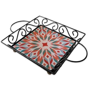 Imagem de Fruteira De Mesa Bandeja Ferro E Azulejo Quadrada Premium Cozinha Azulejo G1