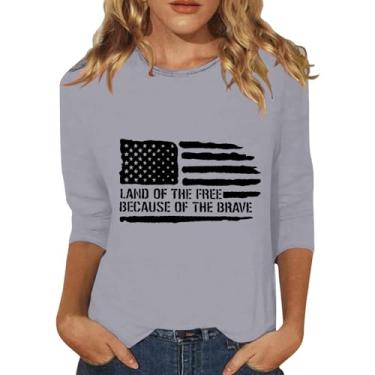 Imagem de Camisetas femininas com bandeira americana de verão 4 de julho camisetas de manga 3/4 Land of the Free Tops Patriotic Memorial Day, Cinza escuro, G