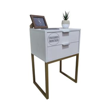 Imagem de Mesa De Cabeceira Eco Industrial 40cm com 2 Gavetas e Base De Metal Para Quarto Lateral Da Cama Escritório Enviada Montada (Base Dourada / Prata, Off-White)