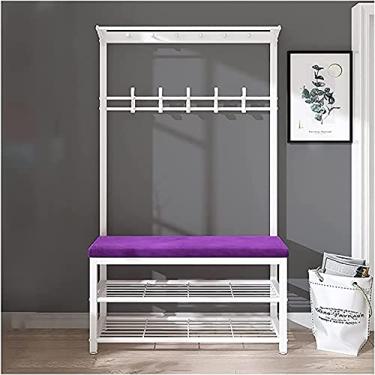 Imagem de Banco de entrada com cabideiro, banco de armazenamento de árvore 3 em 1, cabideiro, banco de sapatos com ganchos, sapateira, almofada de veludo, fácil de montar