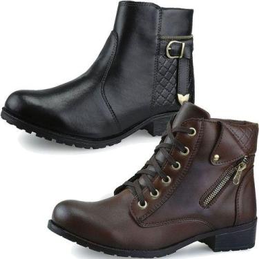 Imagem de Kit 2 pares de Coturno Bota Feminino Mr Try Shoes Salto Baixo, Preto, 