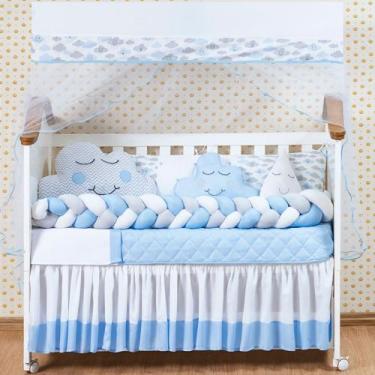 Imagem de Kit Berço Trançado Completo Chuva de Amor Cabeceira Nuvem Azul Gota me