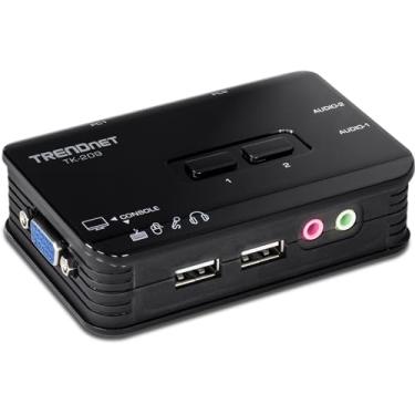 Imagem de TRENDnet Kit de interruptor e cabo USB KVM de 2 portas com áudio, gerencia dois PCs, USB 1.1, hot plug, auto-scan, teclas de acesso e compatível com Windows e Linux, TK-209K