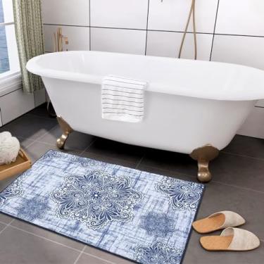 Imagem de WESTLOOM Tapete de área pequeno 2x3 medalhão de entrada lavável à máquina antiderrapante tapete vintage envelhecido capacho antiderrapante tapete antiderrapante para entrada do quarto, azul-marinho