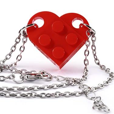 Imagem de Colar de tijolo combinando com coração para casais para namorado namorada amizade BFF 2 peças, conjunto de chaveiros de joias com pingente compatível com presentes Lego, Plástico, plástico