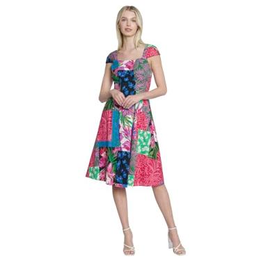 Imagem de Maggy London Vestidos femininos casuais de verão com decote quadrado e mangas cavadas, cintura franzida, Rosa/azul, 42
