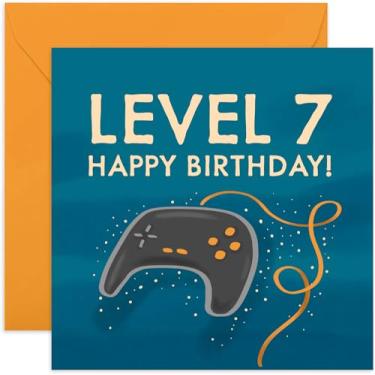 Imagem de Old English Co. Happy 7th Birthday for Gamer - Cartão comemorativo de sétimo aniversário de jogos para menino ou menina - Idade 7 anos | Design de controle de videogame para filho ou filha | Em branco