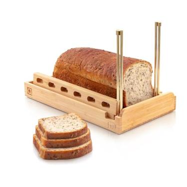 Imagem de DITTO 2.0 Fatiador de pão de bambu para pão caseiro - Guia de fatiador de pão ajustável de 16,5 cm de largura corta fatias uniformes, 4 opções de espessura - Funciona com pãezinhos, bagels - incluindo