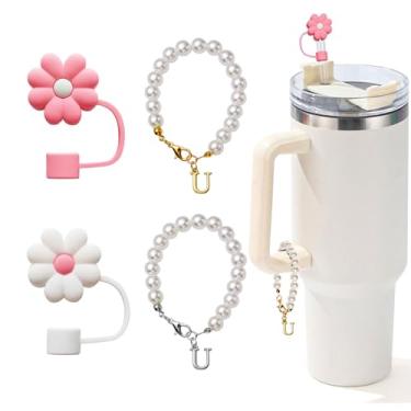 Imagem de LUHOHI 4 peças de pingentes para Stanley Cup, acessórios de corrente de pérolas, pingentes de letra inicial Stanley Cup para alça com 2 peças de capas de canudo decoração de coisas garrafa de água