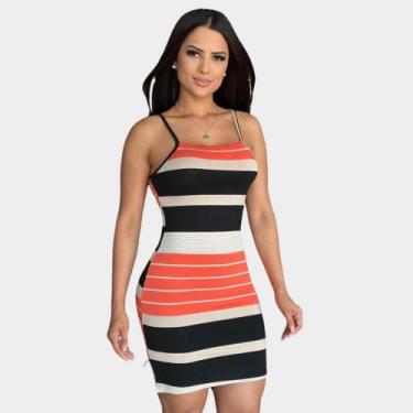 Imagem de Vestido Listras Curto na Alcinha Azul Ciano Tubinho com Fenda - Kambua