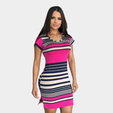 Imagem de Vestido Listras Curto na Manguinha Azul Ciano Tubinho com Fenda - Kamb