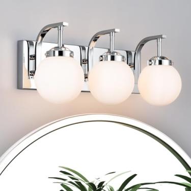 Imagem de FDPBY Luminária De Banheiro Com 3 Luzes, Luminária Moderna Cromada Para Banheiro Com Globo De Vidro Branco Leitoso, Iluminação Para Banheiro Sobre Espelho, Arandela Para Quarto, Sala De Estar, Corre