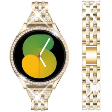 Imagem de DEALELE Pulseiras e capa de vidro temperado compatível com Samsung Galaxy Watch FE/5/4 de 40 mm, pulseira fina de metal diamante brilhante de 20 mm com capa protetora de tela para mulheres e homens