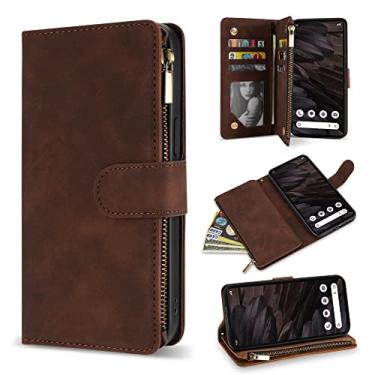 Imagem de ZZXX Capa carteira para Google Pixel 7A com compartimento para cartão com bloqueio de RFID, couro sintético macio, zíper e alça de pulso, capa protetora para Google 7A (café de 15,5 cm)
