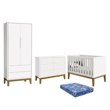 Imagem de Dormitório Infantil Classic 2 Portas, Cômoda 6 Gavetas, Berço com Pés Amadeirado e Colchão - Reller Móveis Branco Fosco