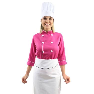 Imagem de Kit Chef Cozinha Feminino Dolmã + Avental + Chapéu