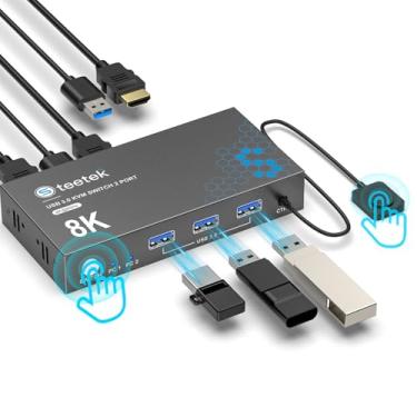 Imagem de Hearvo Comutador Kvm Usb 3.0 Hdmi 1 Monitor 2 Computadores, Comutadores 8K@60Hz Para Compartilhado, Teclado, Mouse, Discos Rígidos, Impressora, Com Edid Adaptativo, Cabos E Controlador.