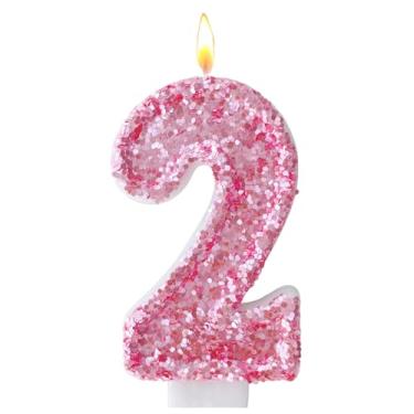 Imagem de Velas de aniversário rosa, número 2 para bolo, topo de bolo rosa com glitter, decorações de festa de aniversário de princesa, enfeite de cupcake, lembrancinhas de festa, suprimentos de decoração