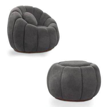 Imagem de Poltrona Decorativa Orgânica Giratória com Puff Cloud Bouclê Cinza Escuro E03 - D`Rossi