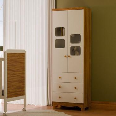 Imagem de Guarda Roupa Infantil 61,70cm 2 Portas Com Janelas e 3 Gavetas Com Pés 100% Mdf Mimo Branco