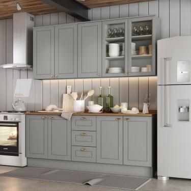Imagem de Cozinha Compacta 100% Mdf 4 Peças Com Portas De Vidro Americana Cinza-nature