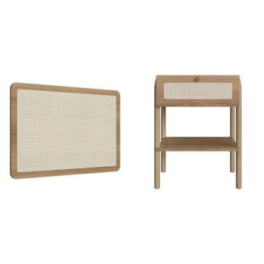 Imagem de Conjunto Cabeceira Solteiro 90cm E Mesa De Cabeceira 1 Gaveta Pé Madeira Palhinha Oslo Hanover