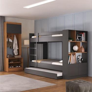 Imagem de Quarto Juvenil Completo Com Treliche E Sapateira Porto Espresso Móveis Grafite/nogal