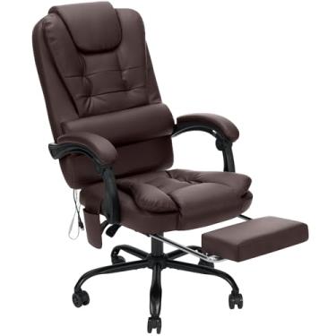 Imagem de Cadeira executiva de escritório com massagem e apoio para os pés cadeira reclinável de couro macio para computador cadeira ergonômica de mesa com encosto alto para escritório em casa, marrom