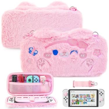 Imagem de FUNDIARY Estojo De Transporte Rosa Para Nintendo Switch E Oled, Conjunto Acessórios Fofos Coelho Anime Console Joy-Con Com Bolsa Fina Portátil Armazenamento, Alça Ombro 2 Protetores Polegar