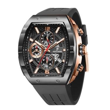 Imagem de Paras Crown Relógios masculinos Tonneau 5ATM à prova d'água quartzo luxuoso cronógrafo analógico masculino caixa de aço inoxidável relógios masculinos, Preto 1, Luxuoso