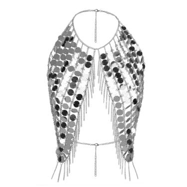 Imagem de Top feminino sexy de corrente de lantejoulas com borla brilhante, frente única, corrente no peito, sutiã cropped para discoteca, rave, boate, praia, one size, lantejoulas metálicas, Ágata