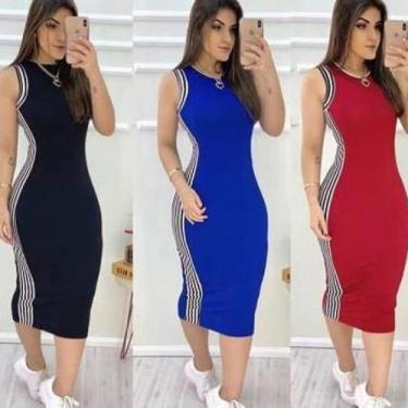Imagem de vestido feminino faixa listra na lateral midi - Filó Modas