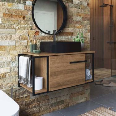 Imagem de Gabinete com Cuba Ametista Preta para Banheiro 80cm P1019 Marrom