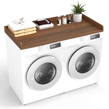 Imagem de Liyarya Bancada de lavadora de madeira com tapetes antiderrapantes 69,8 cm x 137,2 cm Cobertura de roupa de cor nogueira para lavadora e secadora organização de lavanderia