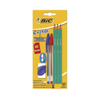 Imagem de Kit Escrita Bic com 2 Canetas Cristal Azul e Vermelha, 3 Lápis Pretos,