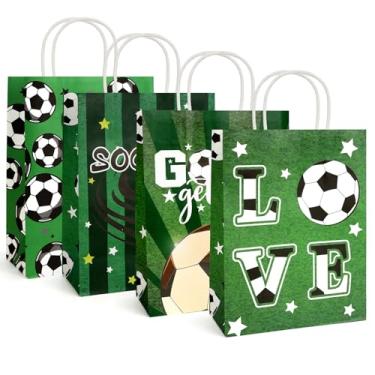 Imagem de Sacos de lembrancinhas de festa de futebol, 12 peças de sacos de papel de futebol com alças para a sala de aula, presente, guloseimas, doces, guloseimas, lanches, decorações de festa de aniversário