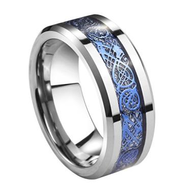 Imagem de QUEENWISH Anel de carboneto de tungstênio de 8 mm prata meteorito incrustado dragão celta azul alianças de casamento tamanho 6-13, Carboneto de tungstênio, Sem pedra preciosa