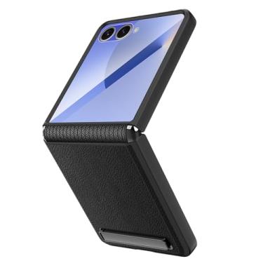 Imagem de POYUFRG Capa fina para Samsung Galaxy Z Flip 7, capa de couro com proteção de dobradiça de tela de vidro temperado com suporte invisível, capa com tudo incluído, preta, Z Flip 7