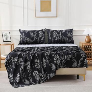 Imagem de Yibeizi Jogo de lençol Queen com estampa floral preta, estampa botânica escura, refrescante, microfibra macia, 38 cm, lençol com elástico extra profundo, 4 peças