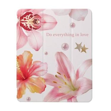 Imagem de Capa de lírios rosa e flores de hibisco compatível com iPad 9ª 8ª geração 10,9 polegadas 2021/2019/2018, capa engraçada com suporte de três dobras + porta-lápis para meninos e meninas, iPad 11