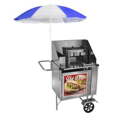 Imagem de Carrinho de Hot Dog Cefaz Simples Inox Rodas Maciças e Guarda Sol S07M