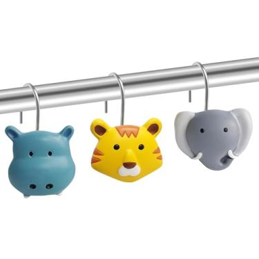 Imagem de Tigre hipopótamo elefante cortina ganchos decorativos animais animais cortina de chuveiro anéis para decoração de banheiro crianças fofas cabides de resina, 12 peças